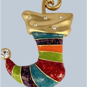 Vintage Anne Klein Christmas Striped Enamel Stocking Rhinestone Brooch